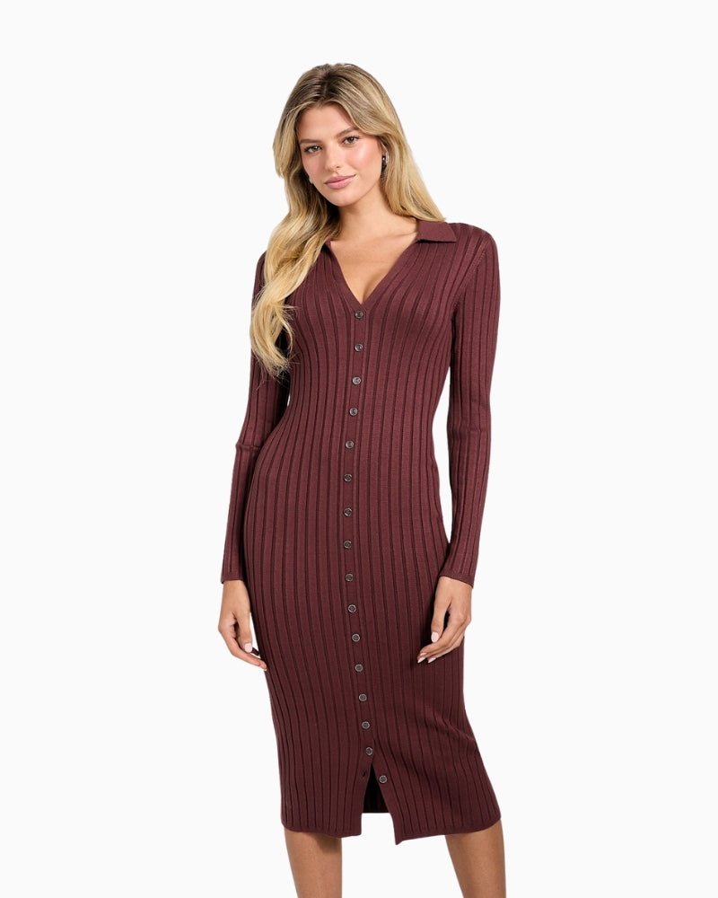 Red ribbed knit sweater dress by GUESS with V-neck and front buttons