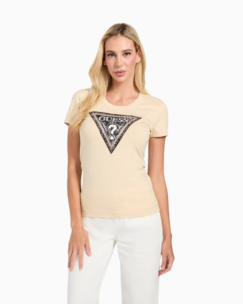 Beige slim fit GUESS t-shirt with python-print triangle logo and short sleeves