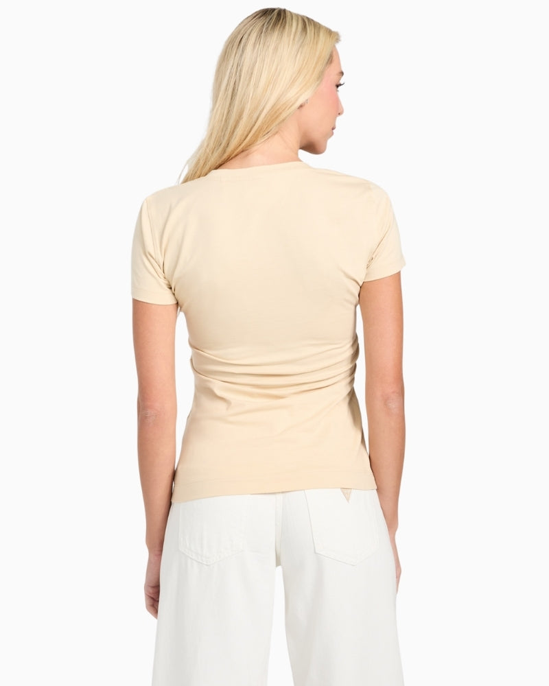Back of view of jersey-knit crew neck tee with eco cotton blend