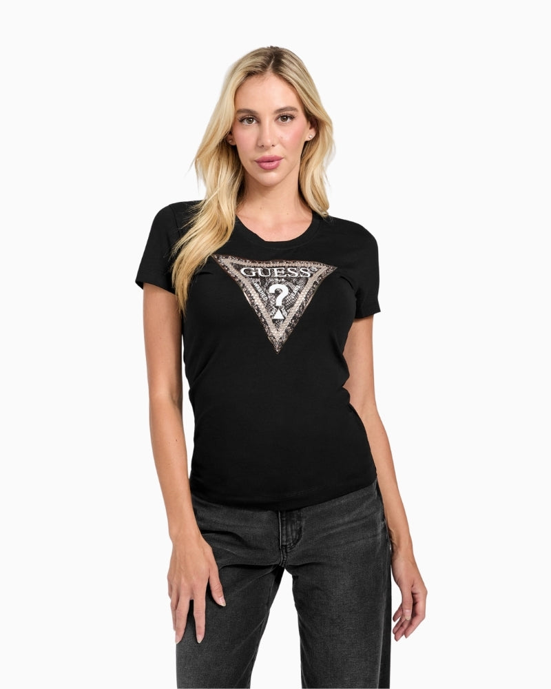 Black slim fit t-shirt with GUESS python-print triangle logo and short sleeves