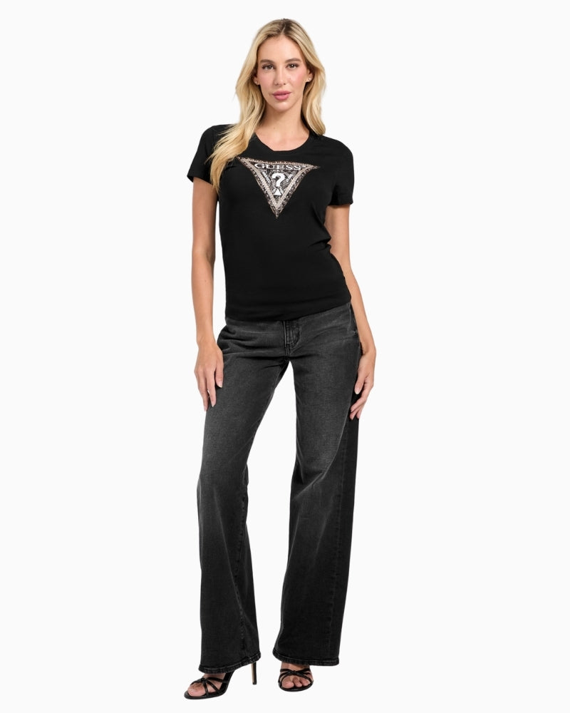 GUESS black logo tee styled for casual wear with jeans