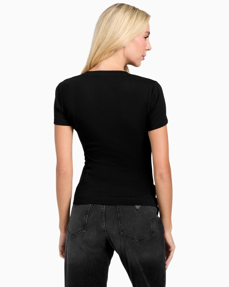 Black slim fit t-shirt with GUESS python-print triangle logo and short sleeves