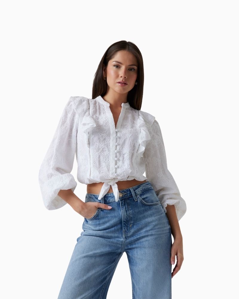 Guess white cotton blouse with floral embroidery and ruffled shoulders