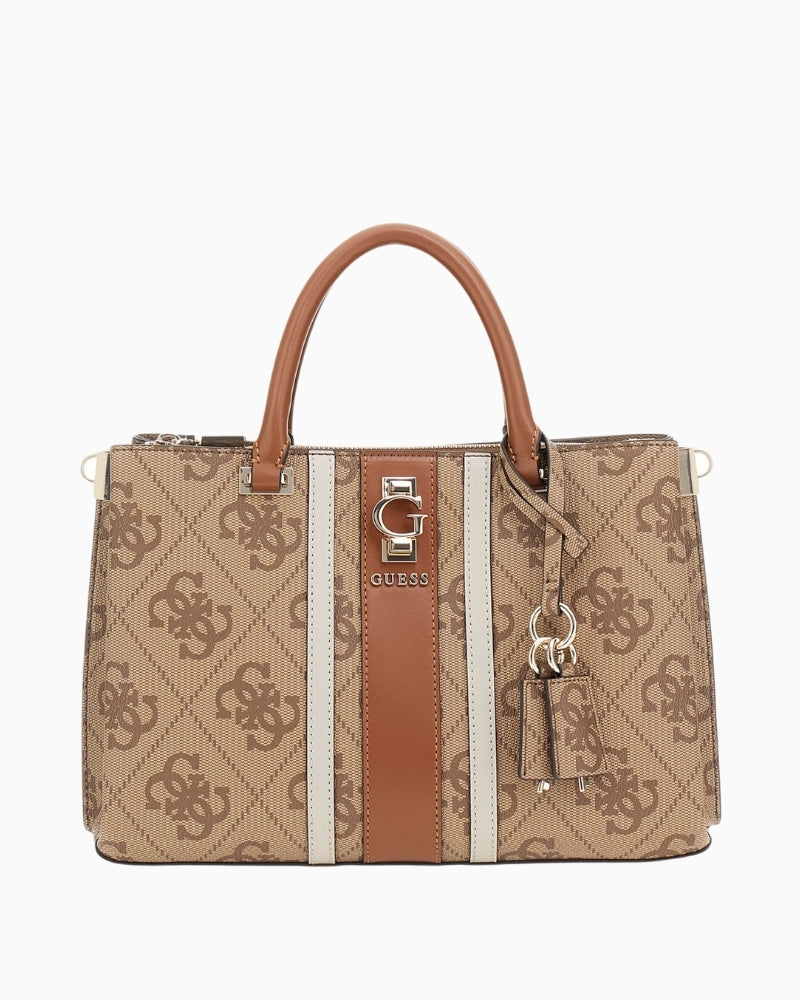 Guess Erenia 4G logo handbag in beige faux leather with gold hardware