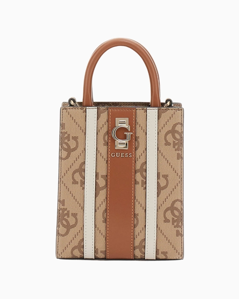 Guess Erenia 4G logo mini shoulder bag in beige faux leather with gold hardware