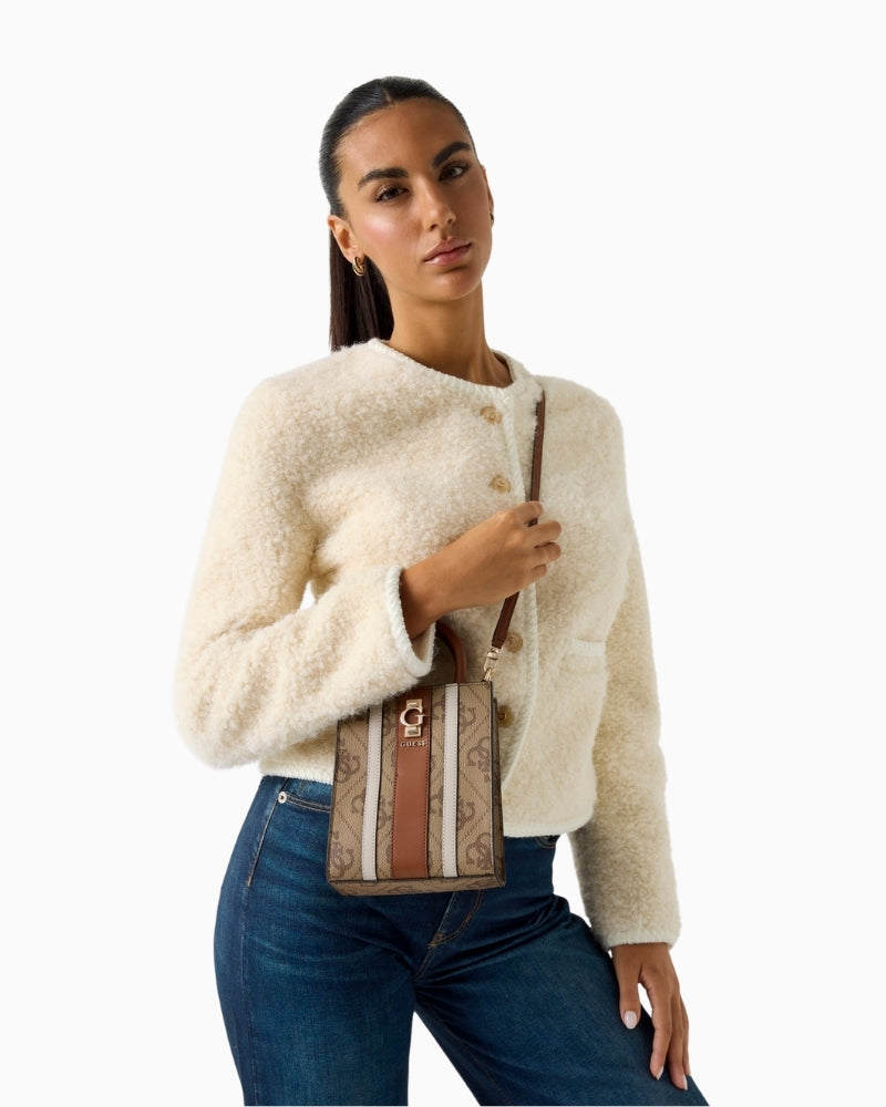 Guess Erenia 4G logo mini shoulder bag in beige faux leather with gold hardware