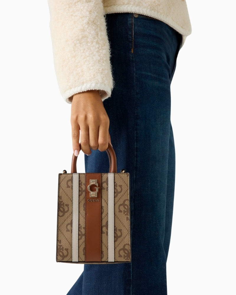 Guess Erenia 4G logo mini shoulder bag in beige faux leather with gold hardware