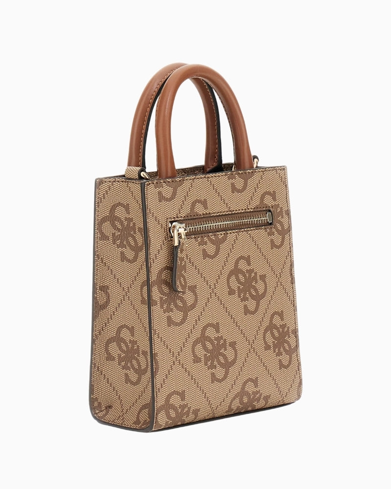 Side view of Guess mini shoulder bag showing structured design and twin handles