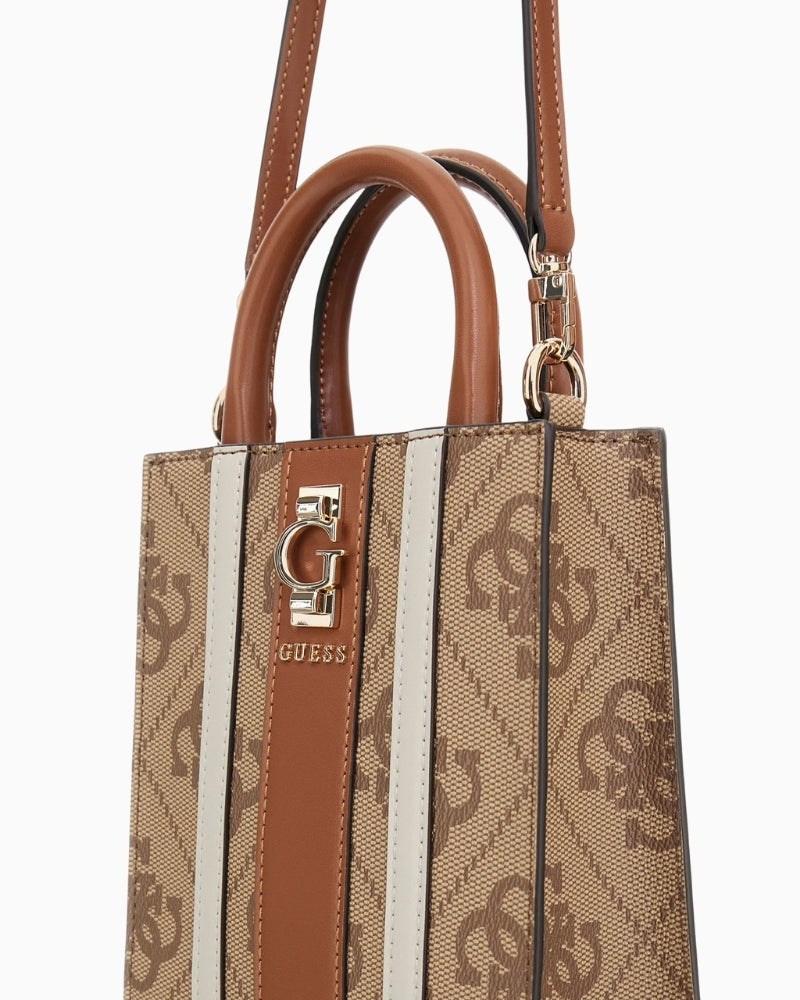 Close-up of Guess script logo and button closure on Erenia 4G mini bag