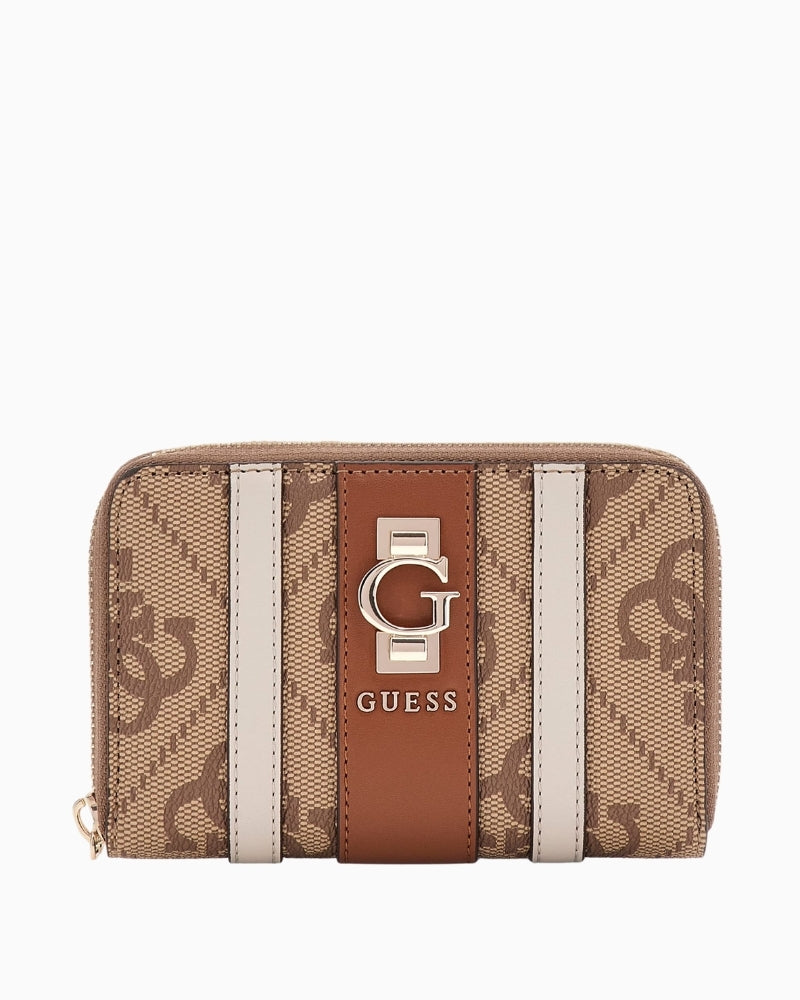 Front view of GUESS Erenia beige wallet with 4G logo and metal script detail