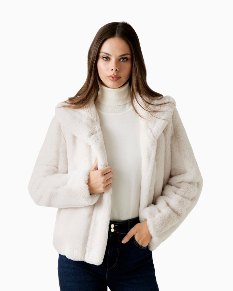 Beige faux fur jacket by Guess with shawl collar and striped texture