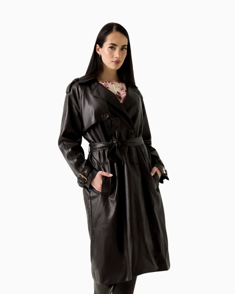 GUESS faux leather trench coat front view on woman – Áines Boutique