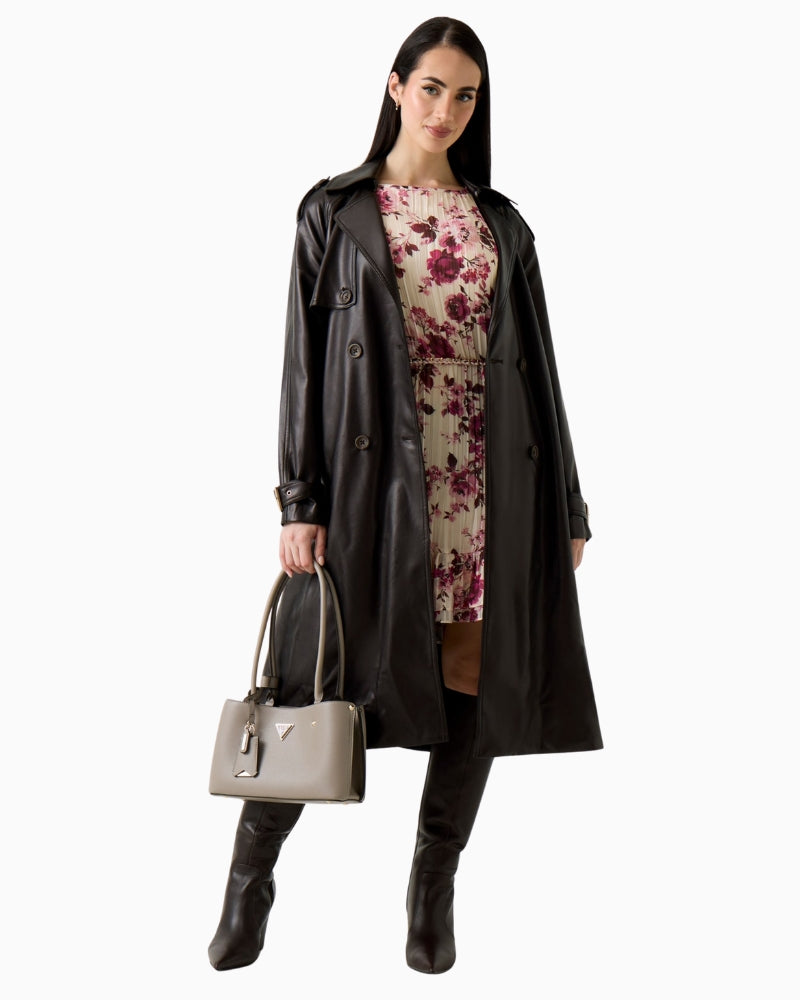 GUESS faux leather trench coat brown front view on woman – Áines Boutique