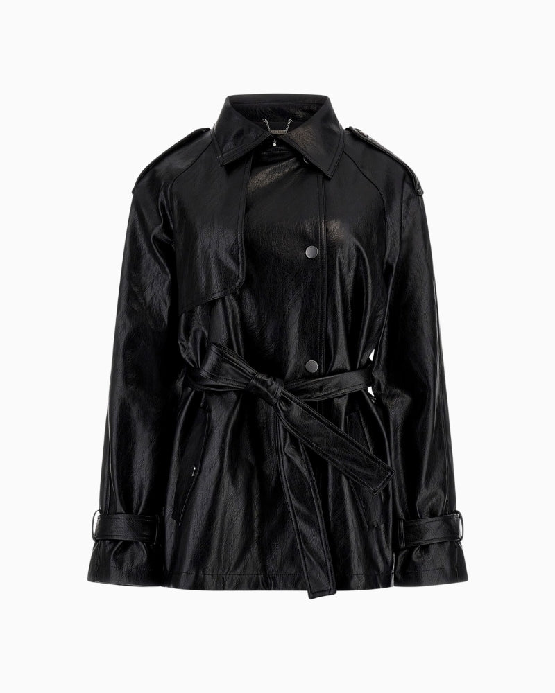 Front view of GUESS faux leather trench coat in black with sash belt and snap closure