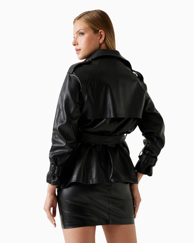 Back view of black faux leather trench with storm shield and waist belt