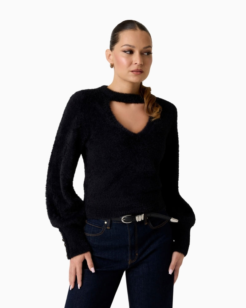 Black fuzzy knit cropped sweater by Guess with V-neck cut-out detail