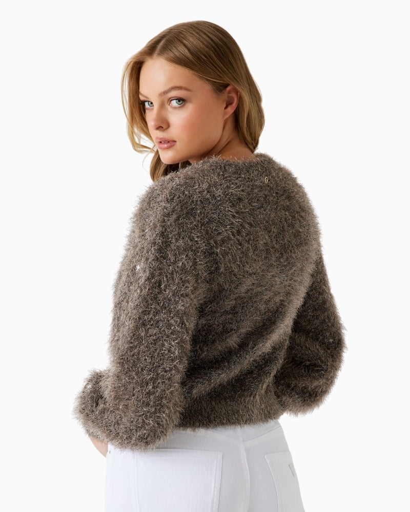 Back view of Guess fuzzy lurex sweater with soft finish and flattering short length