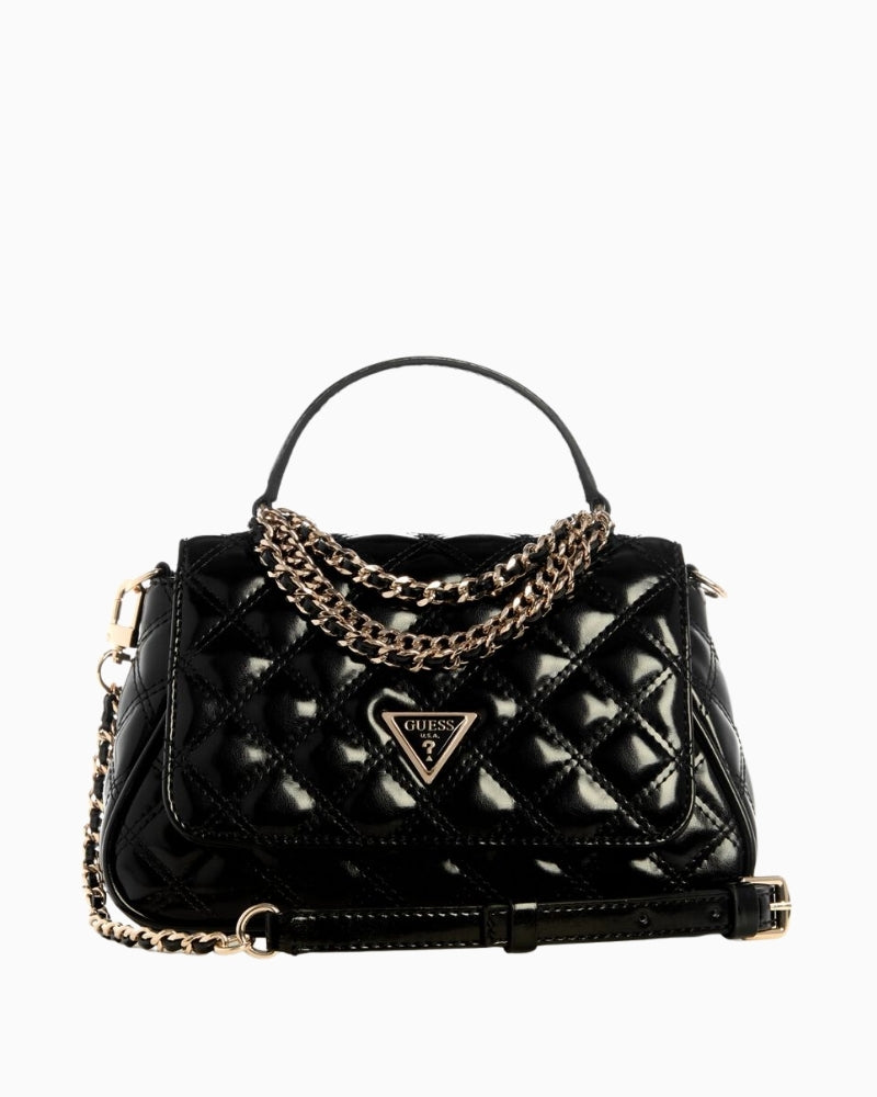 Guess Giully II top handle flap bag in black faux leather with gold hardware