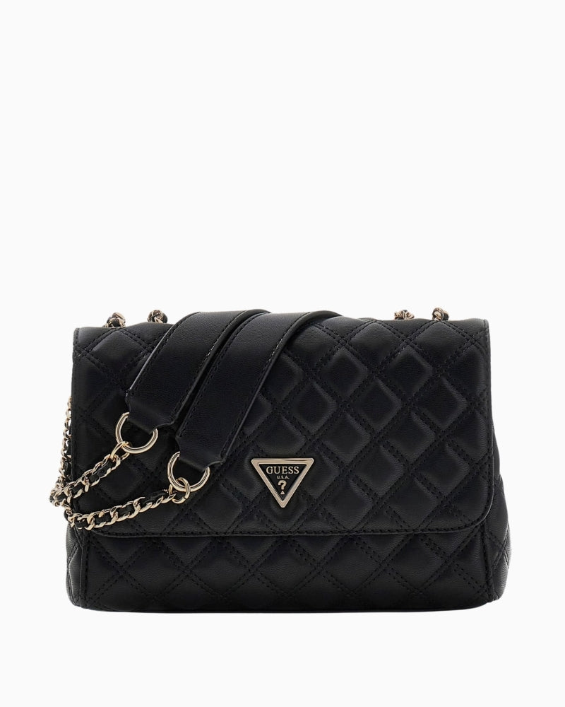 Guess Giully quilted crossbody bag in black faux leather with gold hardware