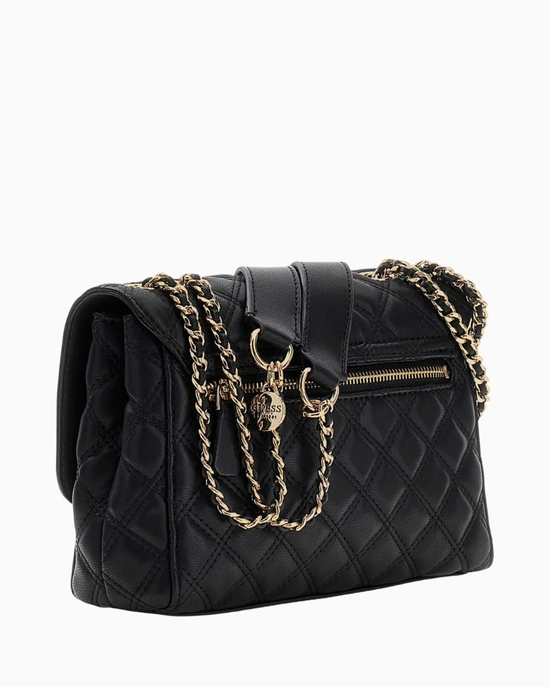 Side view of Giully black faux leather crossbody with woven chain strap
