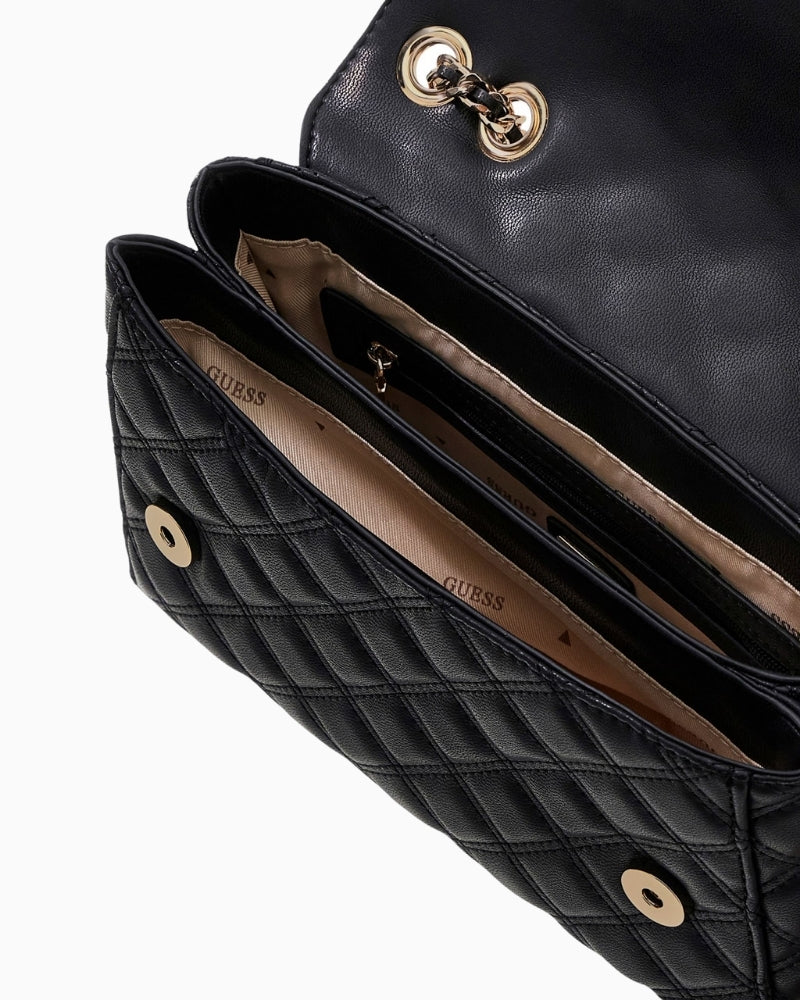Guess Giully quilted crossbody bag in black faux leather with gold hardware