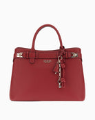 Red faux leather Gregoria handbag by Guess with gold logo and charm