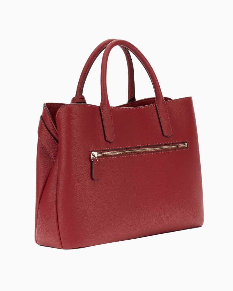 Back view of handbag showing external zip pocket and smooth finish