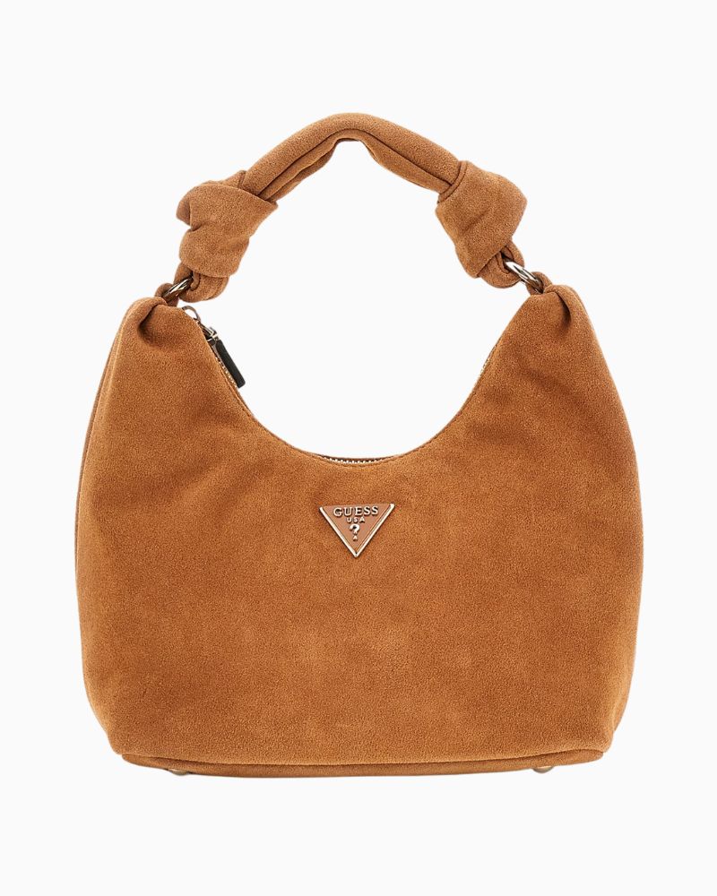Guess Isotta mini hobo bag in brown suede with knotted handle and gold hardware