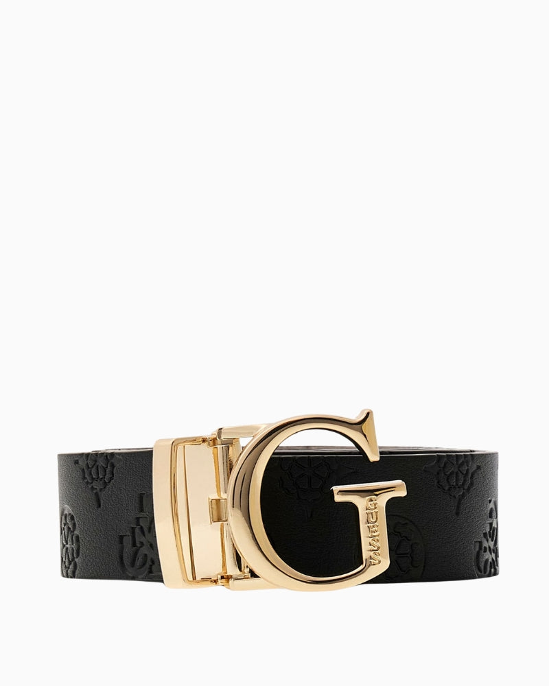 Guess black faux leather belt with 4G logo and gold clasp fastening