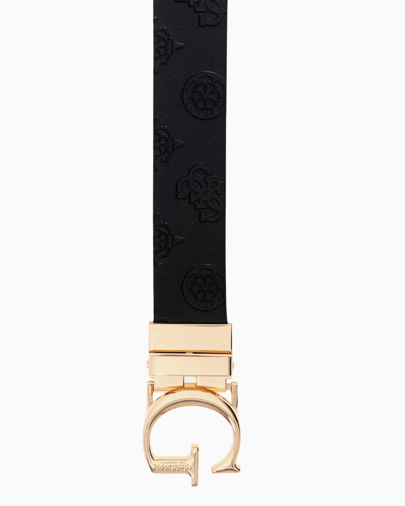 Front view of Guess James belt with pale gold logo hardware