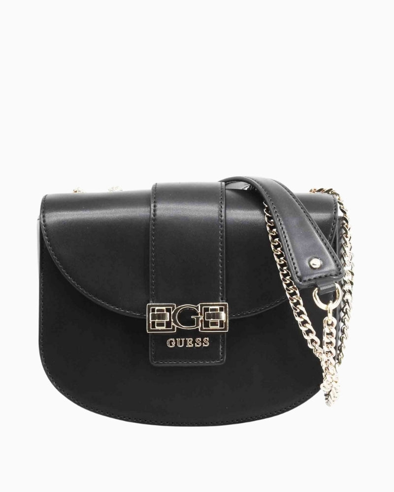 Black Guess Jane crossbody bag with flap closure and pale gold hardware