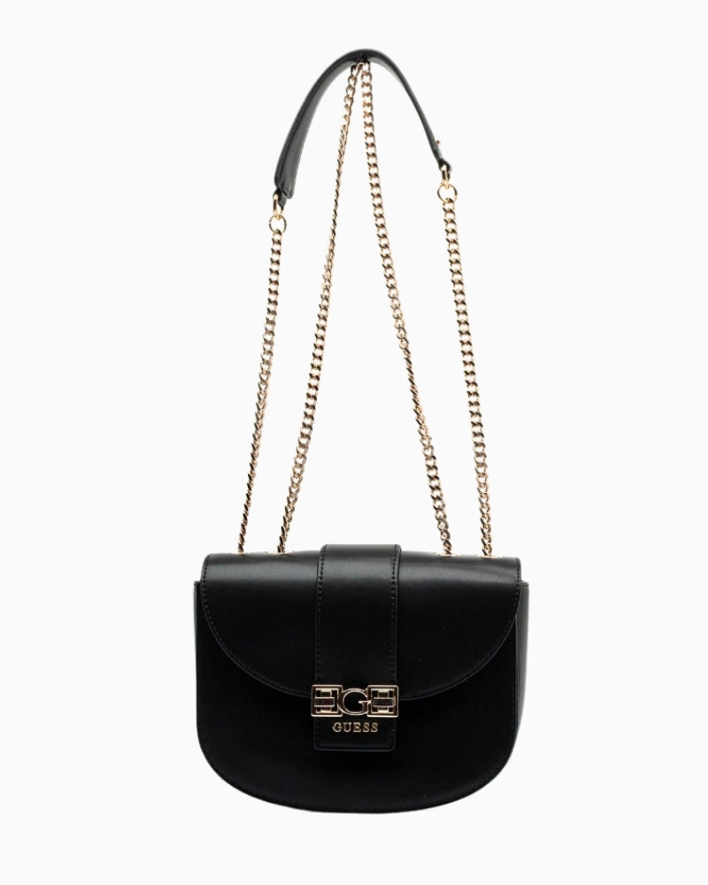 Front view of eco leather Guess handbag with embossed logo and button fastening