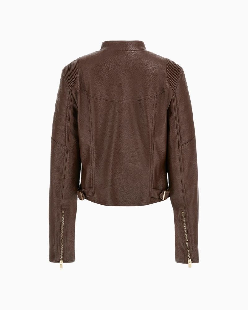 Back of Tailored PU jacket in smooth vegan leather finish