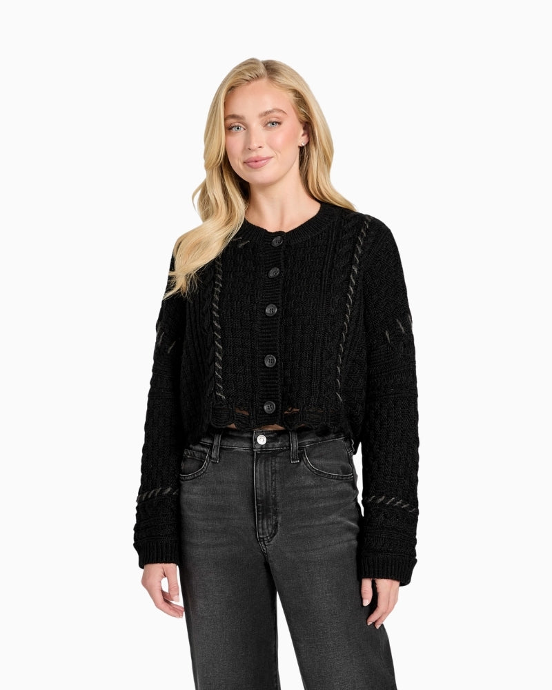 Black wool-blend cardigan by Guess with mixed knit stitching and curved neckline