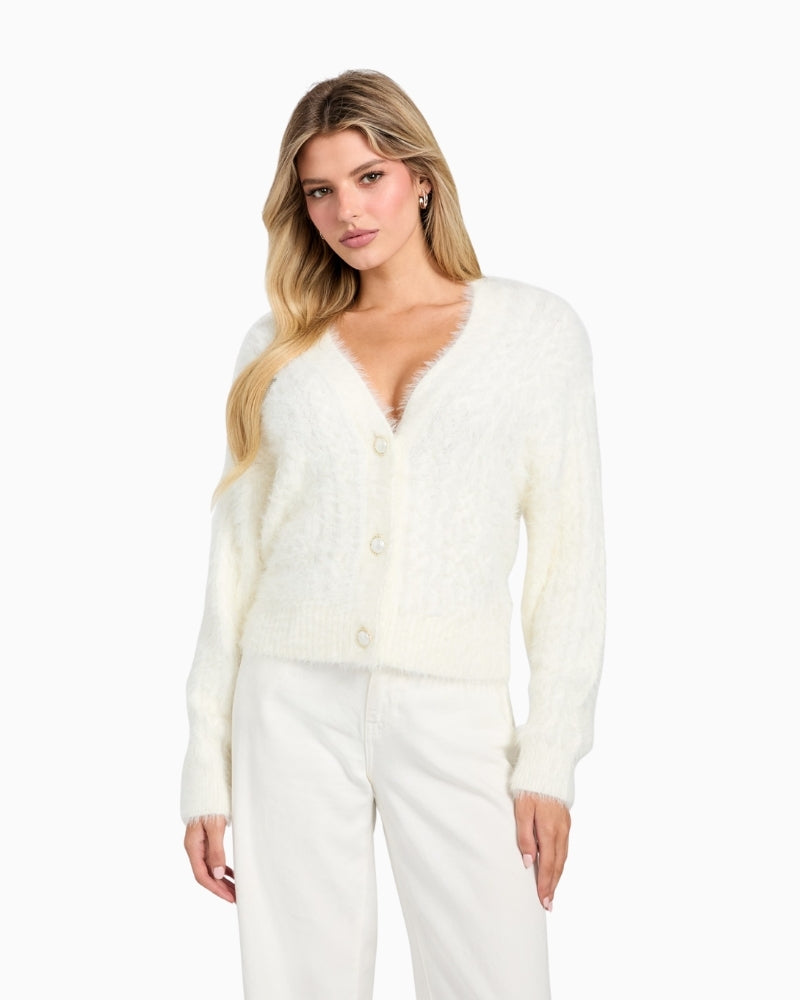 Off-white fuzzy cable-knit cardigan with V-neck and button front by GUESS