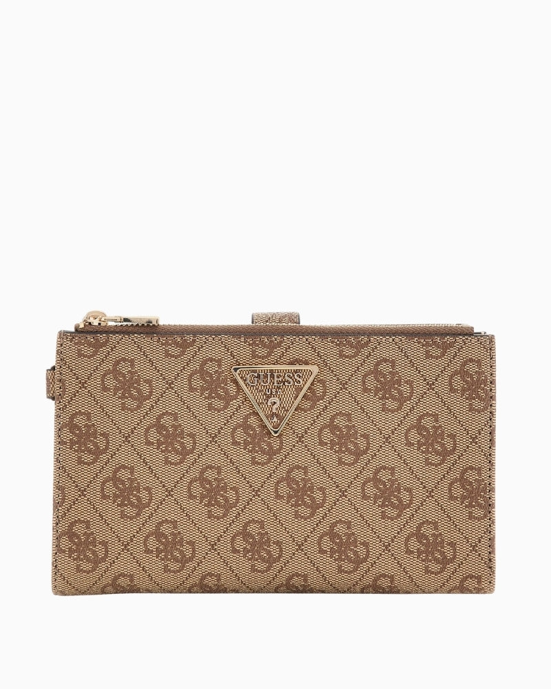 Guess Laurel beige 4G logo wallet front view with triangle logo – Áines Boutique