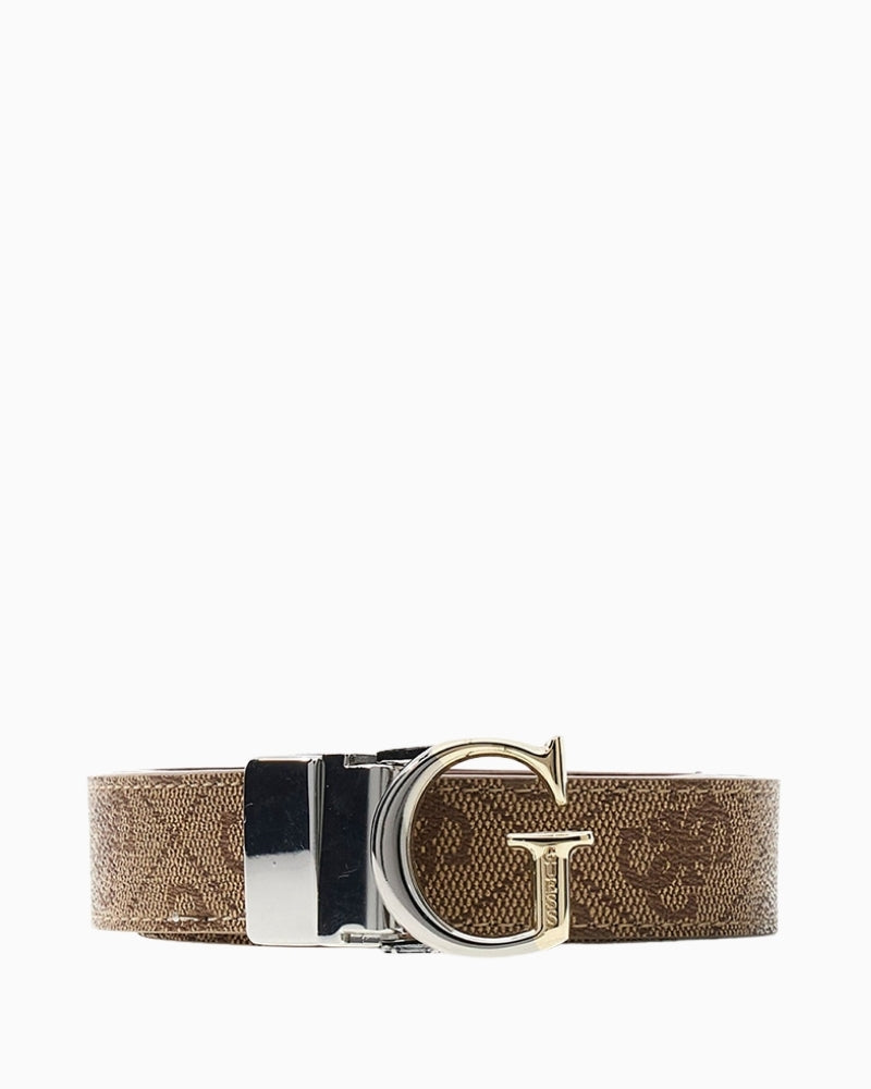 Guess brown logo belt with interlocking buckle front view – Áines Boutique