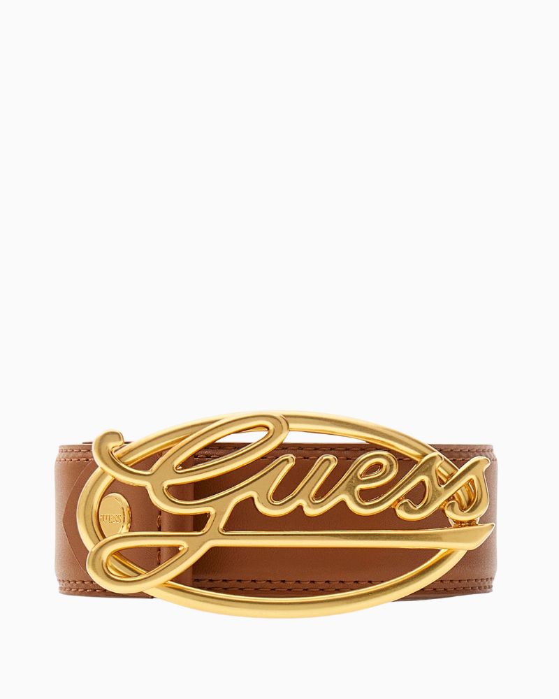 Tan faux leather belt by Guess with pale gold script logo buckle and adjustable fit