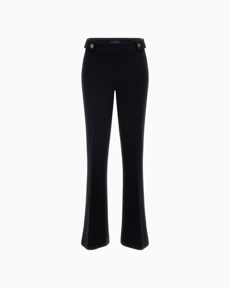 Back of Guess Maelice high waist flare pants with button detail at waistband