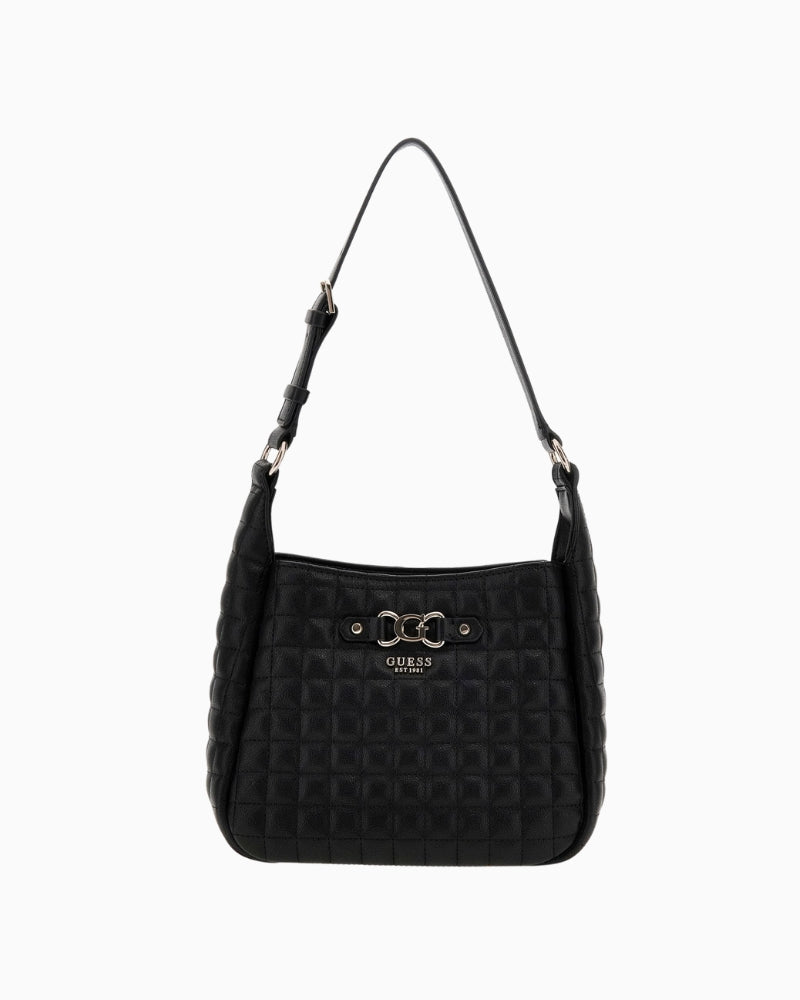 Black quilted hobo bag by Guess with gold logo and soft silhouette