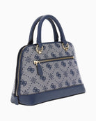 Side view showing detachable chain strap and structured silhouette