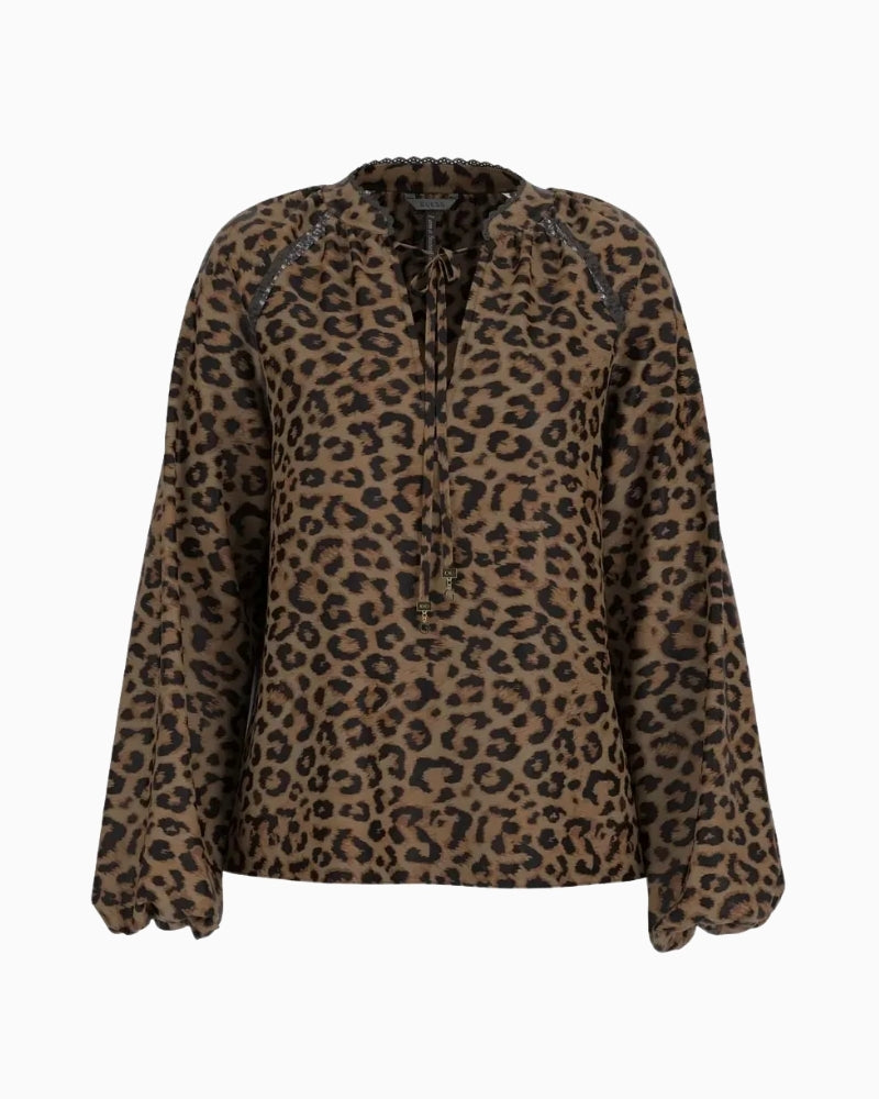 Front view of Guess Josette leopard print top in silky polyester