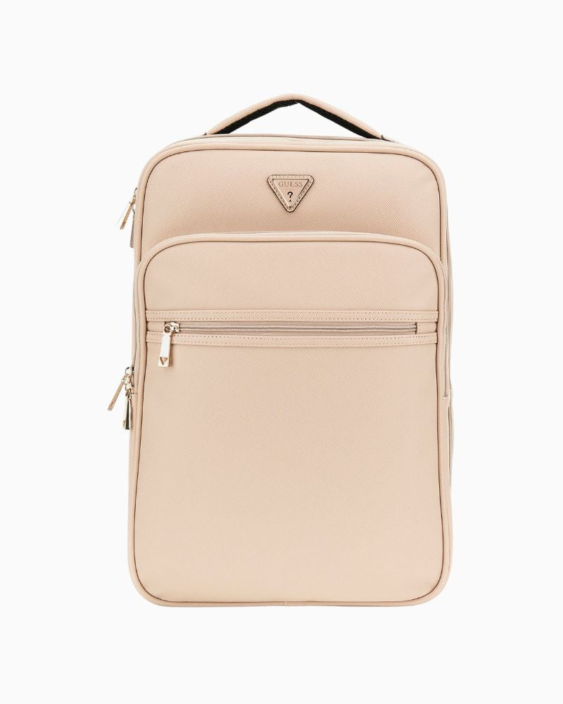 Guess Norom beige saffiano backpack with wheels, zip closure and triangle logo