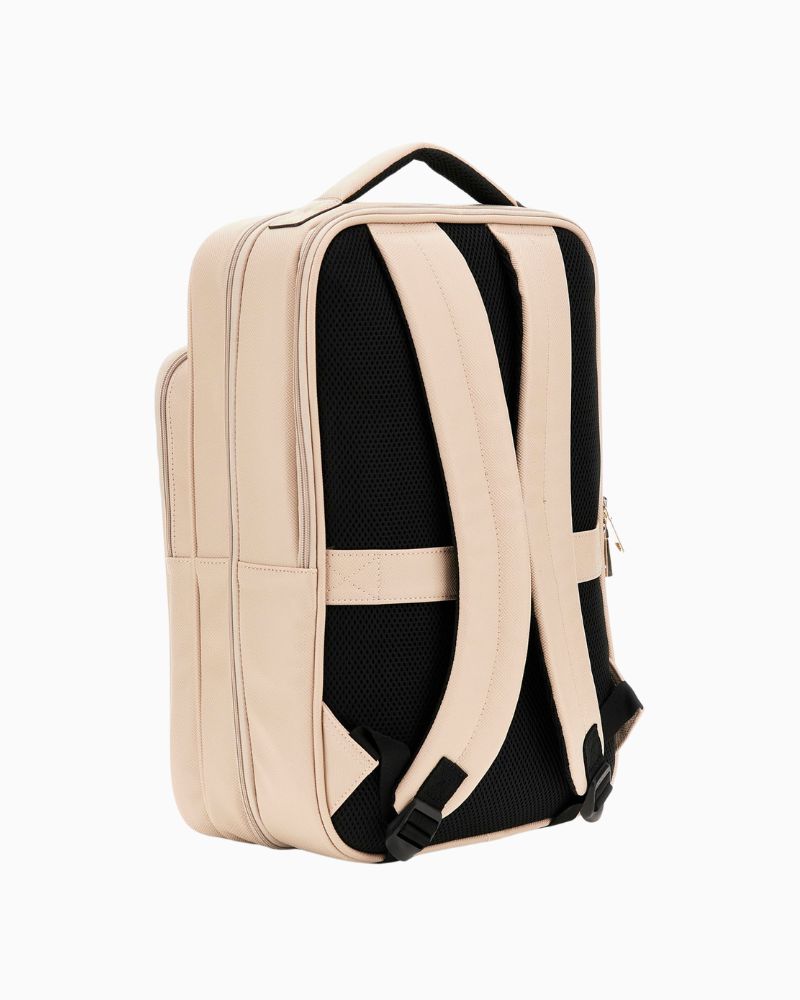 Back of Guess Norom beige saffiano backpack with wheels, zip closure and triangle logo