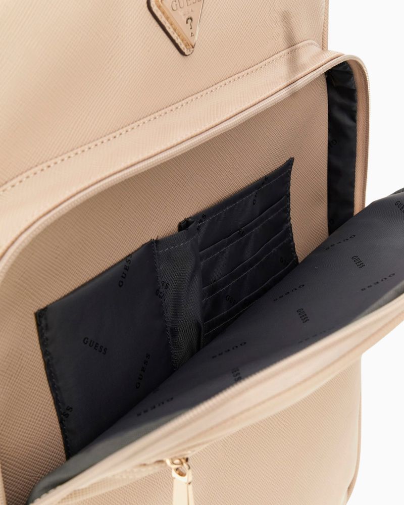 Close up of Travel-friendly backpack with TSA lock, front zip pocket and gold detailing