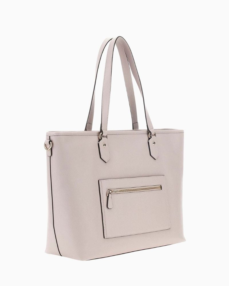 Back of GUESS Norom light grey tote bag with dual straps and zip compartments