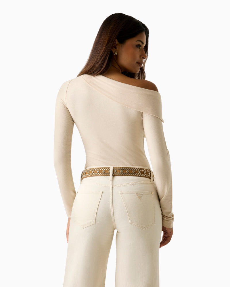 Guess one shoulder knit top beige back view woman wearing – Áines Boutique