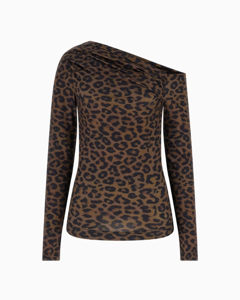 Front view of asymmetric one‑shoulder top with fitted silhouette