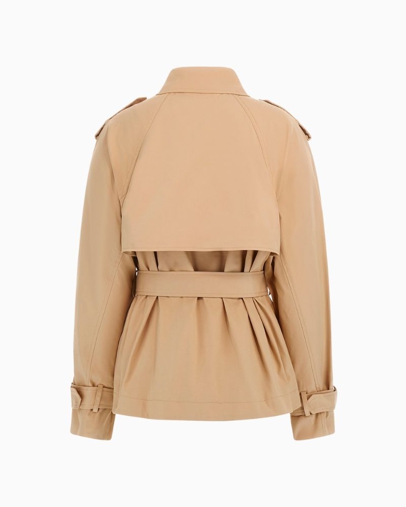 Back of Short trench-style coat in cotton blend for spring layering