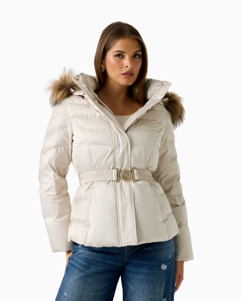 Beige short down puffer jacket with hood and faux‑fur trim Guess